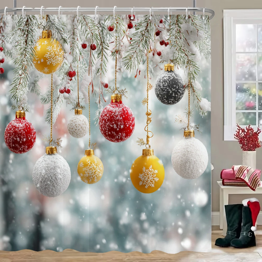 

Merry Christmas Shower Curtain Christmas bell, snowflake Bathroom Curtain with Hooks home for Christmas day decoration Curtain