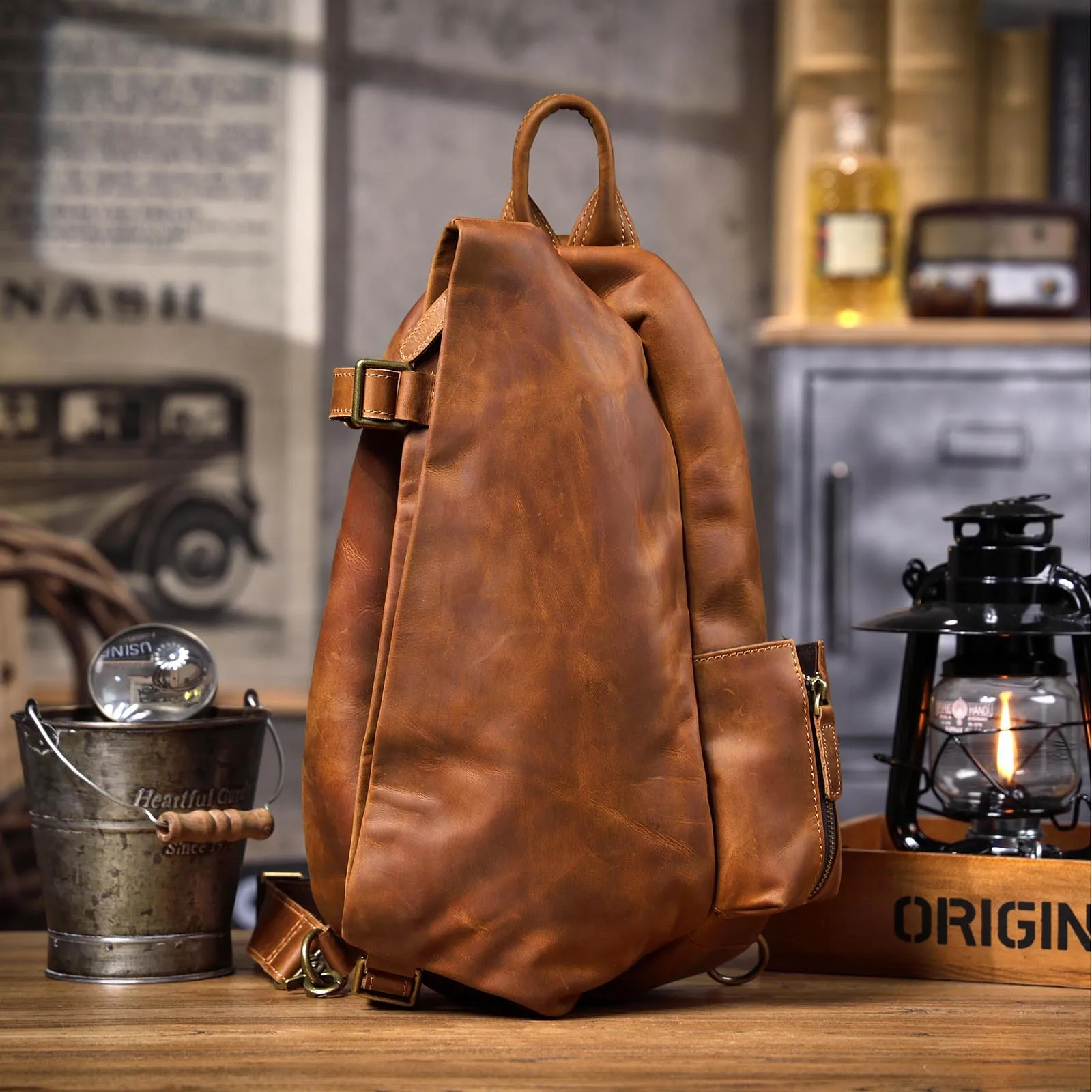 Vintage organizer designer crazy horse cowhide men's large-capacity chest bag travel party luxury genuine leather crossbody bag