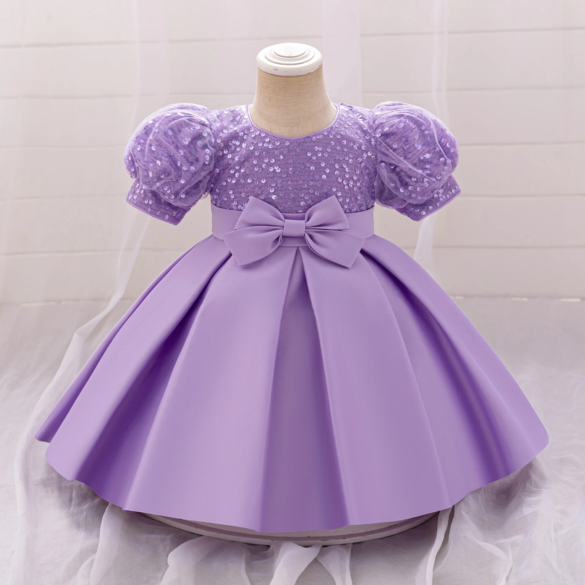 

Sequin Baby 1st Birthday Wedding Girls Dresses Christmas Costume Toddler Bow Princess Party Dress For Baby Puff Sleeve Prom Gown