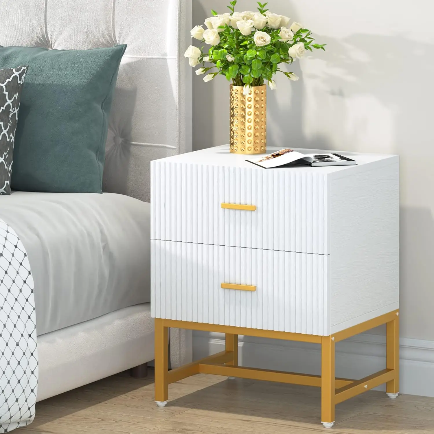 Modern Fluted 2-Drawer Nightstand White Wood End Side Table, Bedroom Living Room Small Space Storage Furniture