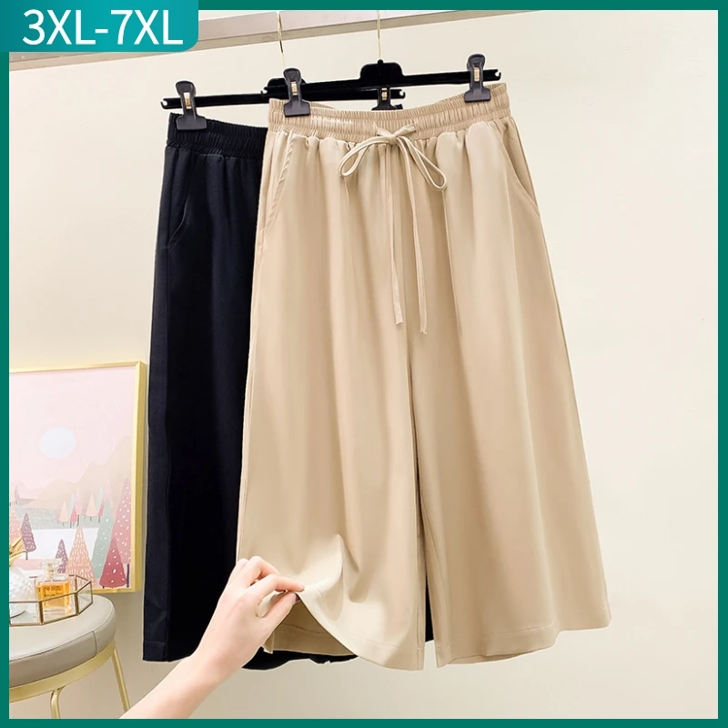 

New 2023 Spring Summer Plus Size Capri Pant For Women Large Size Loose khaki Wide leg Cropped Trousers 3XL 4XL 5XL 6XL 7XL