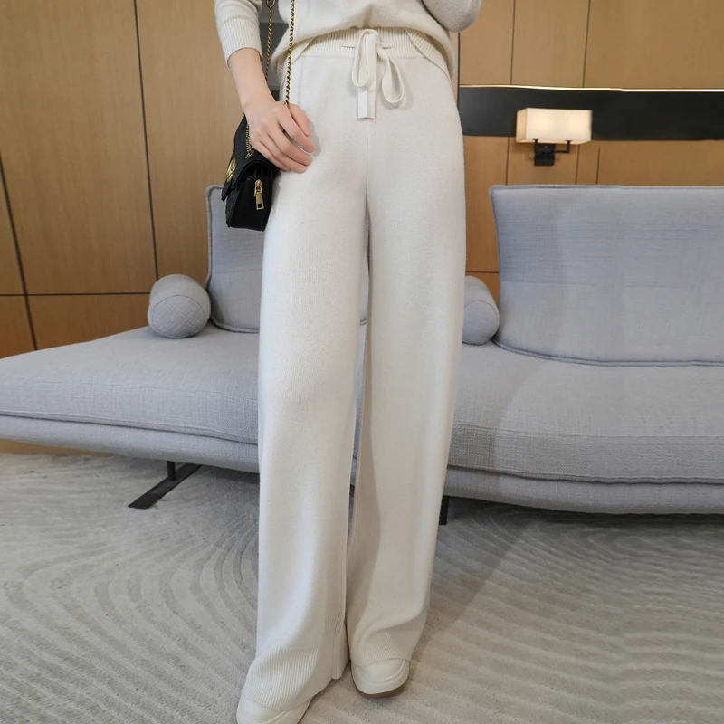 Women's pure cashmere pants with high waist, drawstring, loose fit, ribbed wool pants, thickened long pants