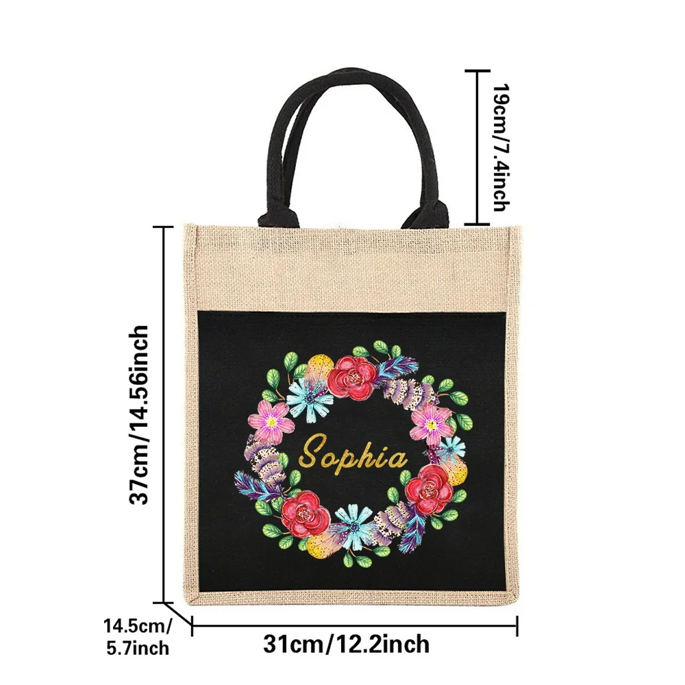 Customizable Name Women's Shopping Bag Reusable Linen Handbag Flower Pattern Series Grocery Shopping Bag