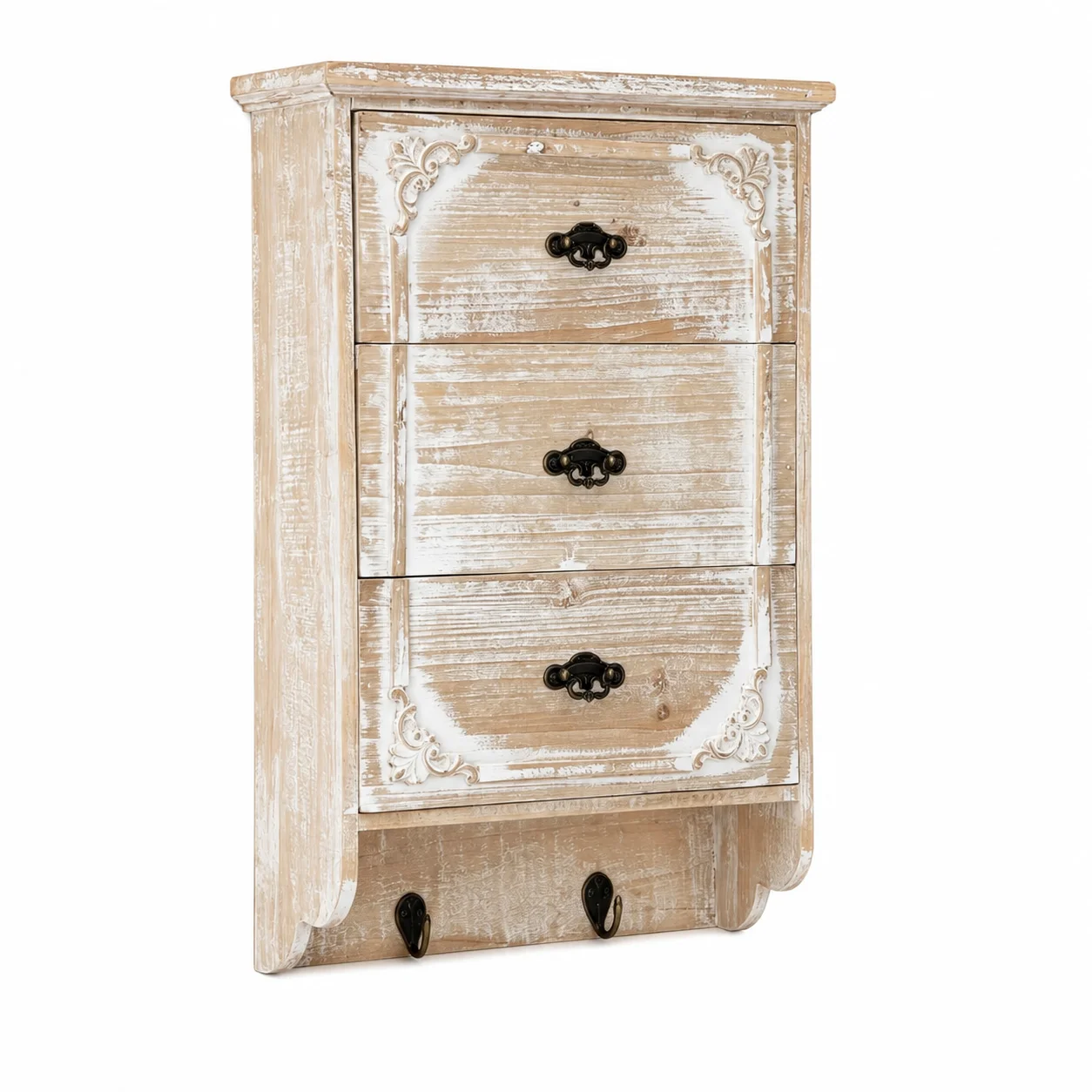 French Vintage Wall Mounted 3-Drawer Cabinet with Hooks – Rustic Shabby Chic Storage Shelf