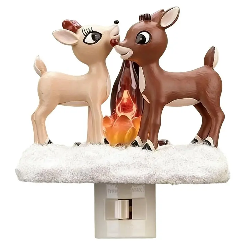 A20F-LED Faux Campfire Lamp Reindeer Night Light With Flickering Flame, For Christmas Decor, Twinkling Nightlight For Bedroom