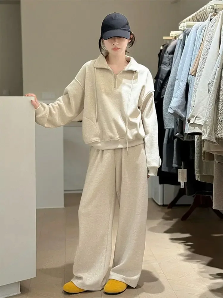 Gola rendas conjuntos femininos casuais moda coreana 2 peças conjunto baggy cordão reto calças de perna larga conjuntos