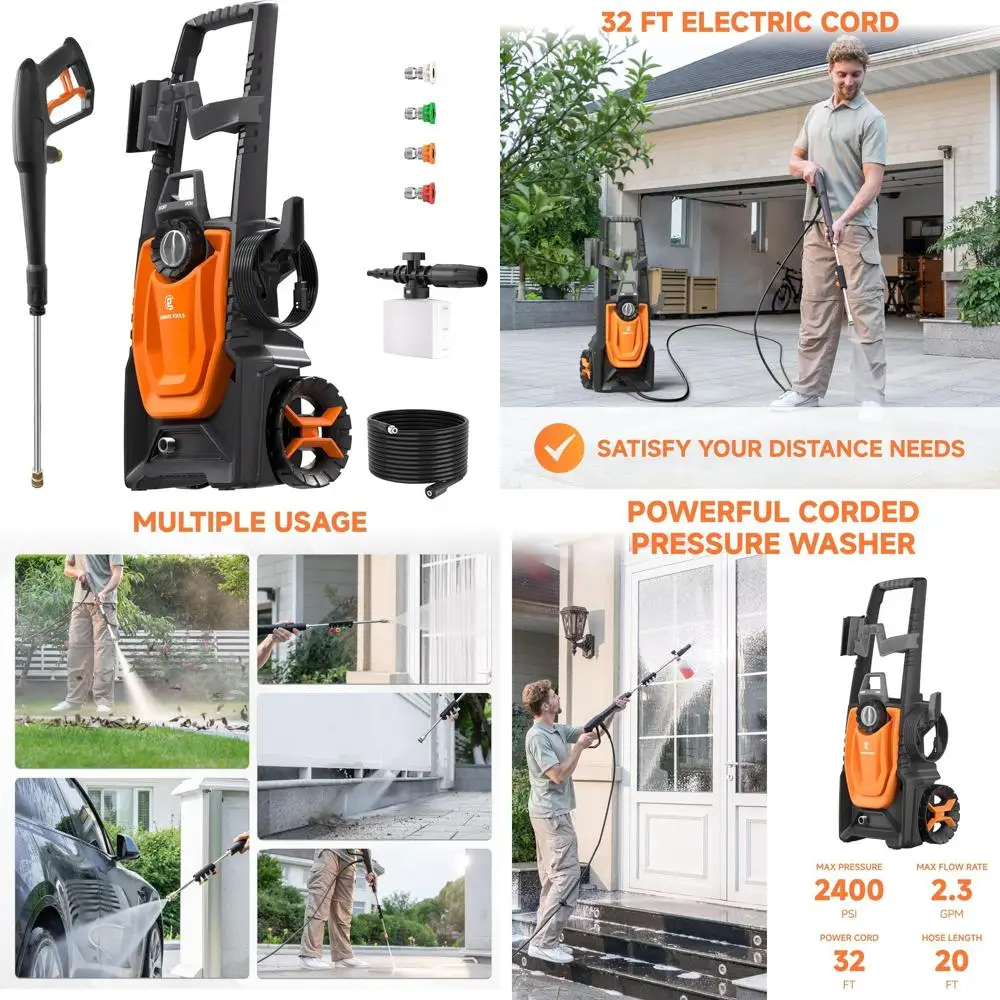

Электрическая мойка высокого давления 2400 PSI, 2.3 GPM с 4 насадками, шлангом 20 футов и распылителем для автомобилей, дорог и подъездных путей