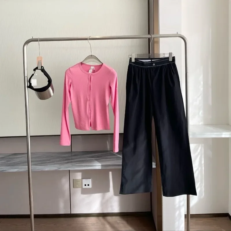 Women's Long Sleeve Solid Color Fleece Fashion Coat Casual Sweatshirt Office Lady Set with Loose Straight Trousers