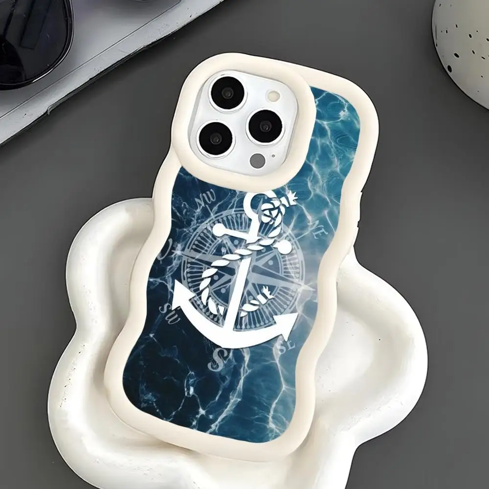 Capa de Celular Pretty Navy Ancora para iPhone 17 16 15 14 13 12 11 Air Pro Max Plus Branca de TPU Macio com Borda Ondulada