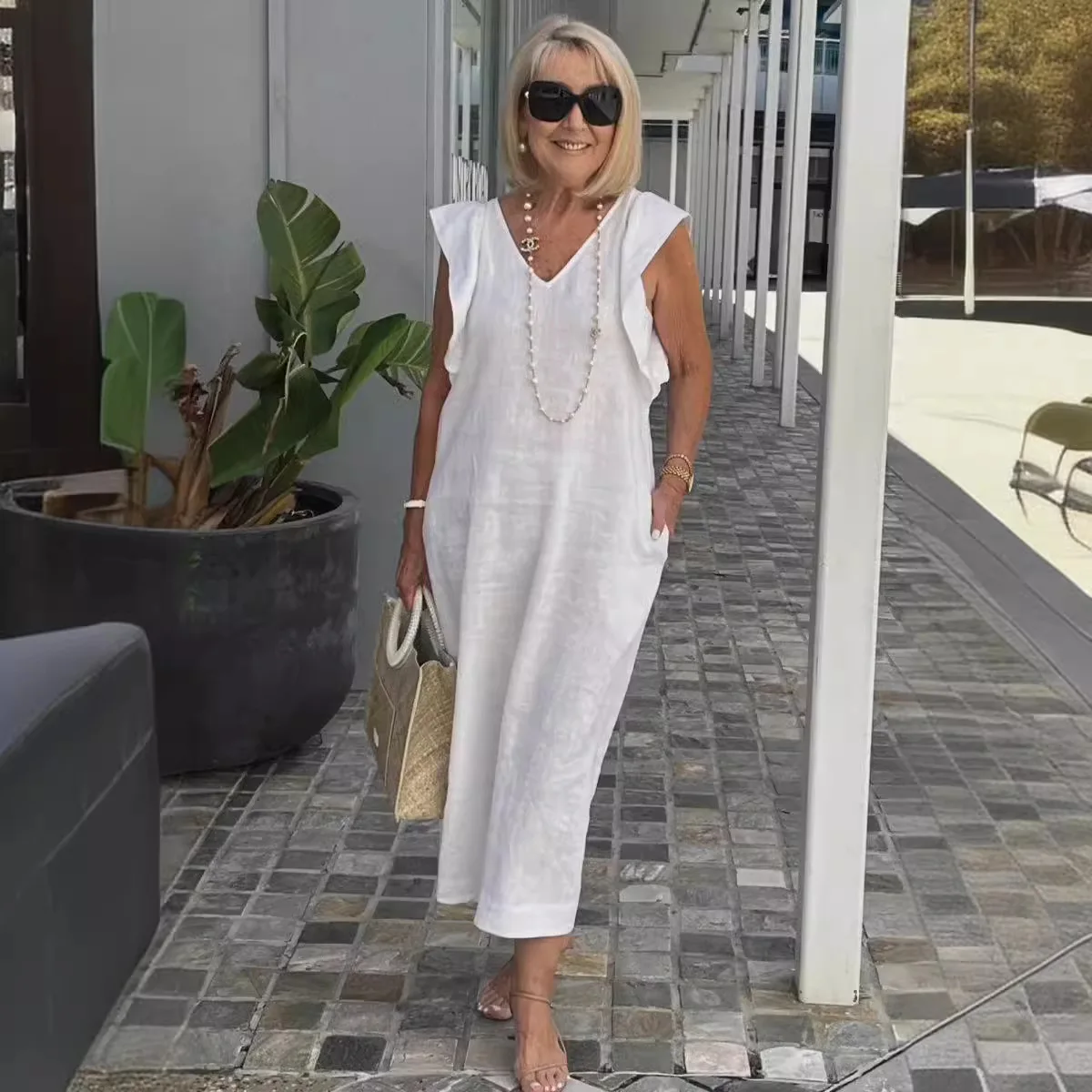 

Back Strap Women's Fashionable Comfortable Dress New Summer Solid Color Flying Sleeve Cotton Linen Skirt