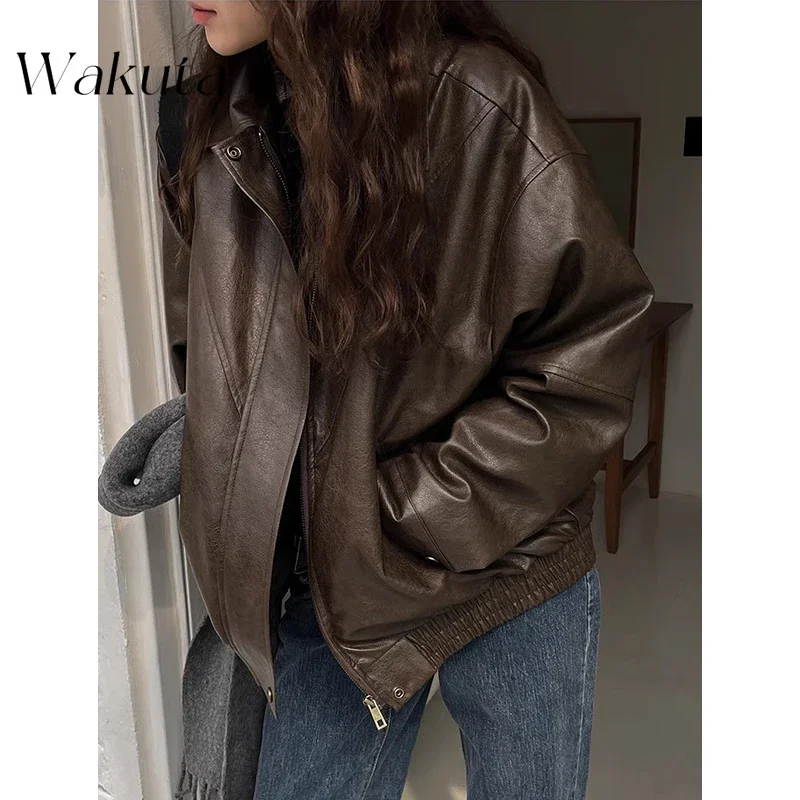 WAKUTA Autumn Retro Lapel Long-sleeved Zipper Niche Jacket Versatile PU Leather Coats Korean Biker Clothing Short Jackets 방수자켓