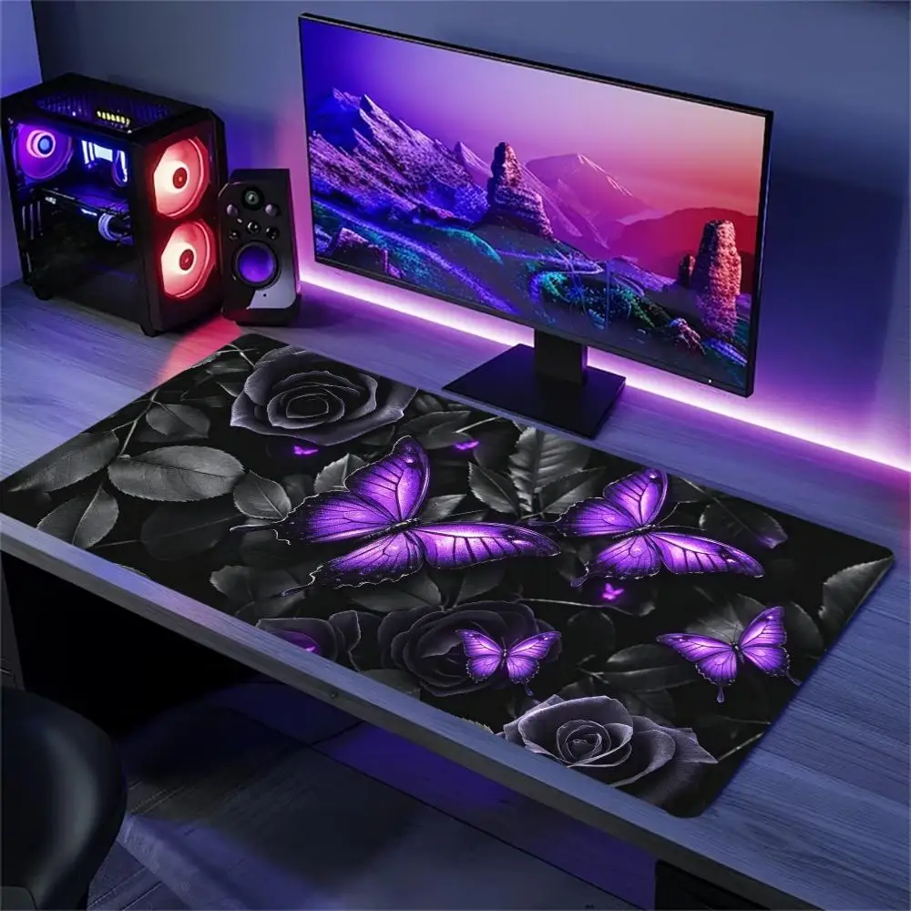 Purple Butterfly Black Rose Large Gaming Mouse Pad Non Slip Rubber Desk Mat for PC Laptop Office Home Gaming Workstation