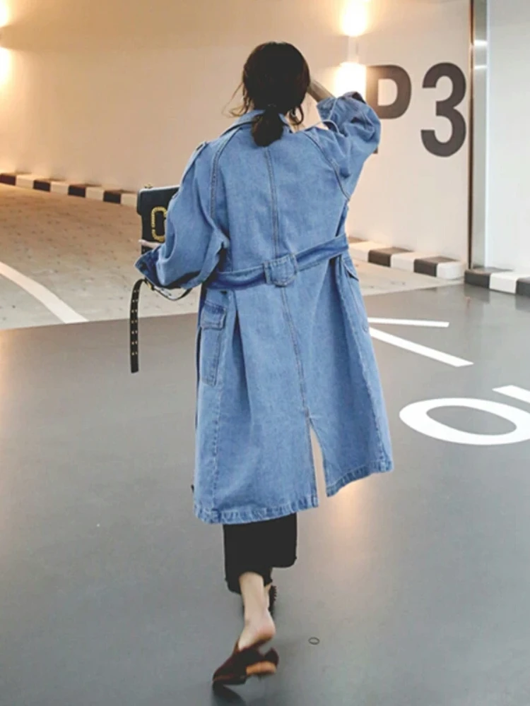 Trench Denim Coat donna cappotti di media lunghezza Casual colletto rovesciato manica intera monopetto Slim Fit elegante giuntura autunno