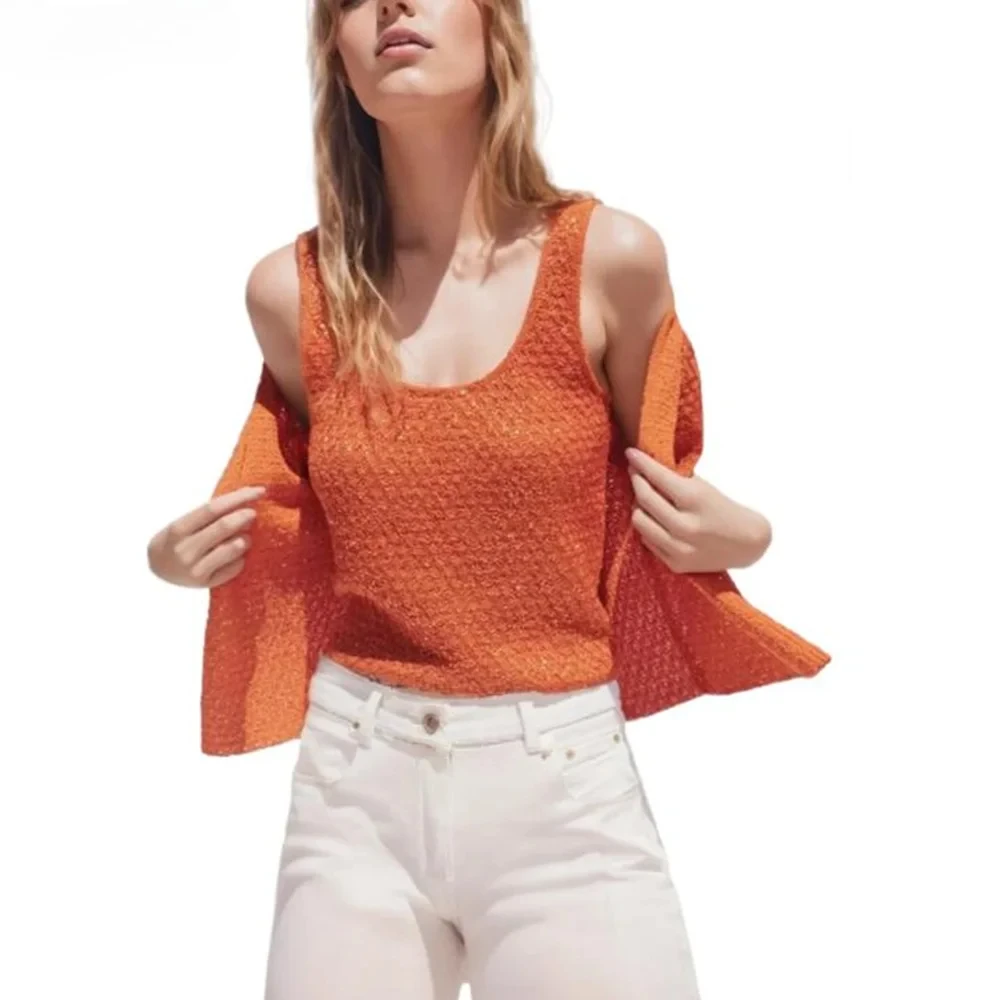 

1 комплект, летний романтический оранжевый вязаный кардиган с короткими рукавами, укороченный топ на бретелях, свитер с одной пуговицей спереди, свободный джемпер