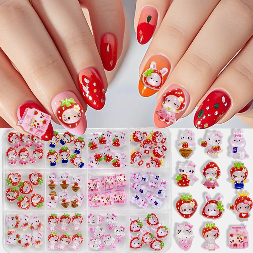 

12 сеток 3D смешанные клубничные подвески для ногтей «Hello Kitty» мультфильм красный розовый котенок стразы из смолы Kawaii DIY украшения для дизайна ногтей