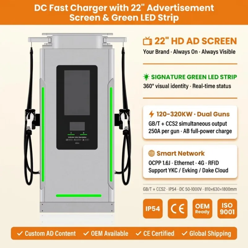 Customized 320KW Commercial EV Charging Point LED Glow Design 22 Inch Advertising Display GBT CCS2 Smart DC Fast Charger Station