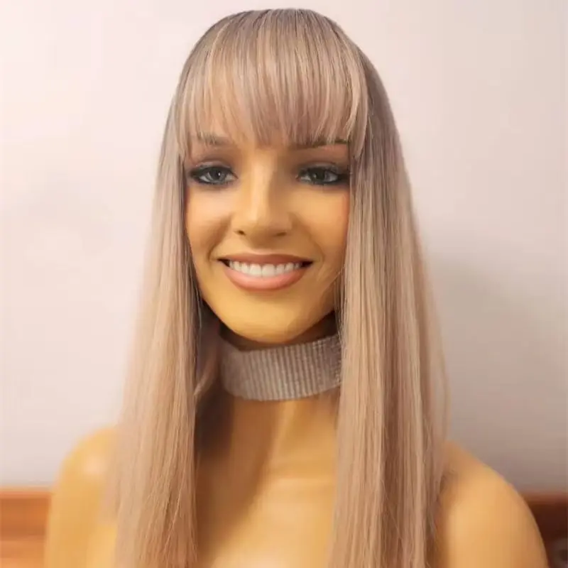 New in Short Bob Straight 100% Human Hair Wig with Bangs Ombre Ash Blonde Brazilian Lace Front Wigs Fringe for Women Glueless