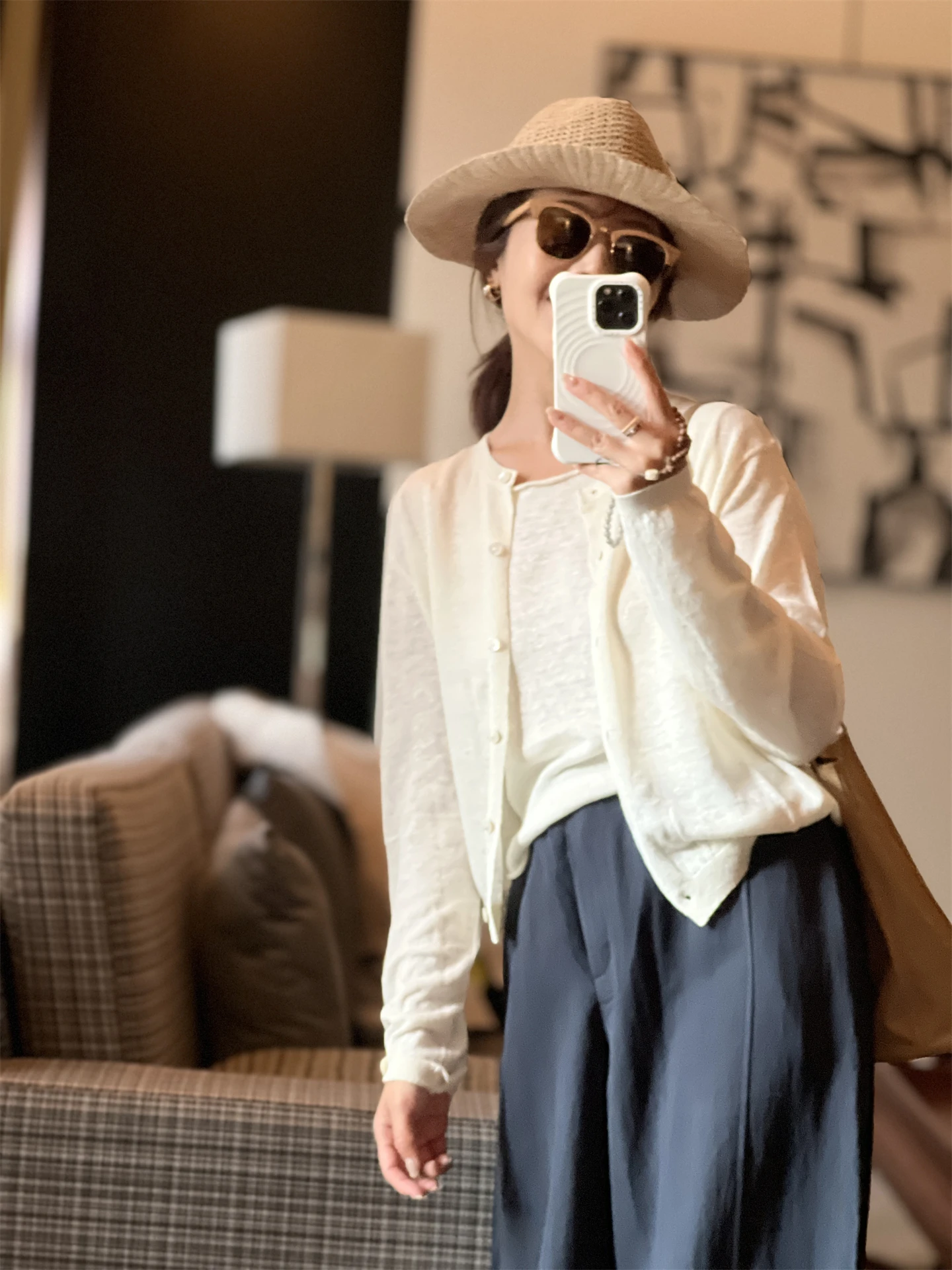 

Cotton Linen Knitted Set White Linen Open Cardigan Deep Blue Linen Vest ort Two Piece Set Casual Sle Long Sve round Ne