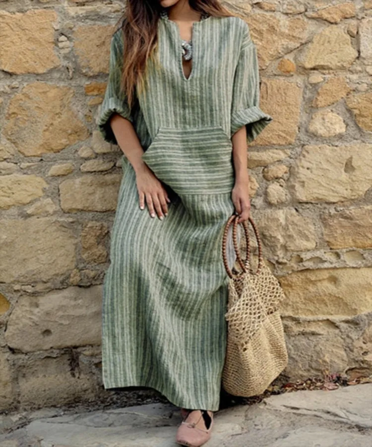 Abito lungo estivo in morbido cotone traspirante per donna abito lungo da donna con stampa a righe larghe abiti da spiaggia Boho da donna