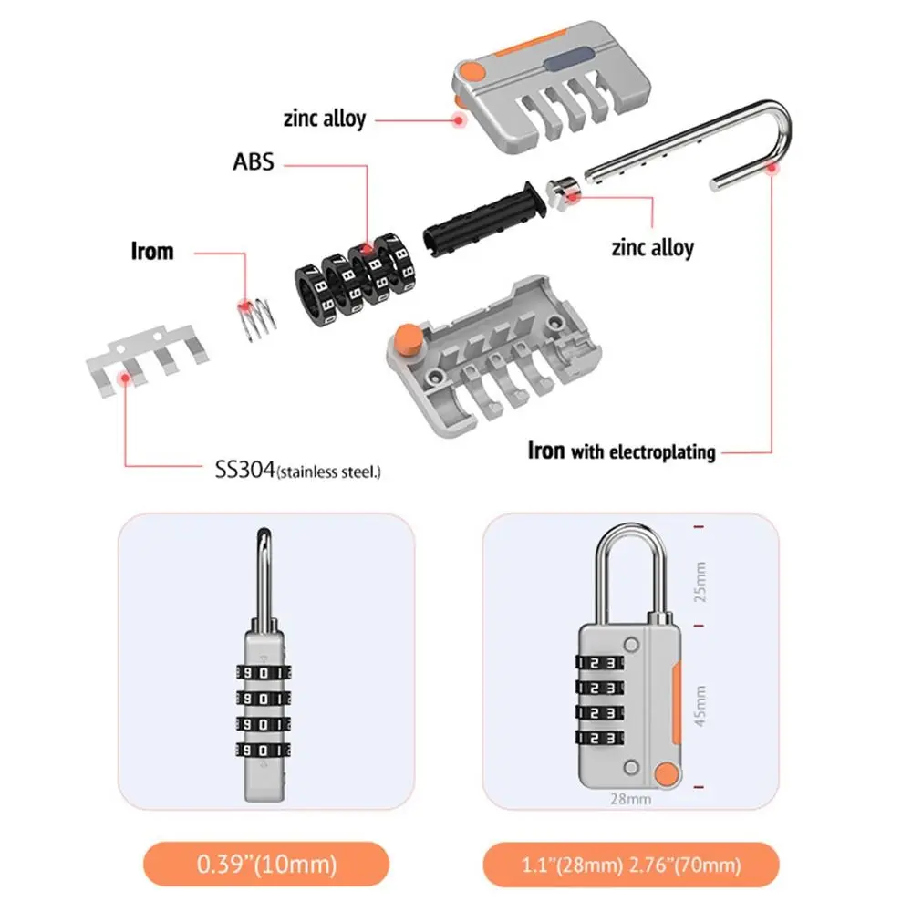 Padlock Luggage Protection Security Hardware Anti-theft 4 Digit Combination Lock Safely Code Lock With Steel Cable
