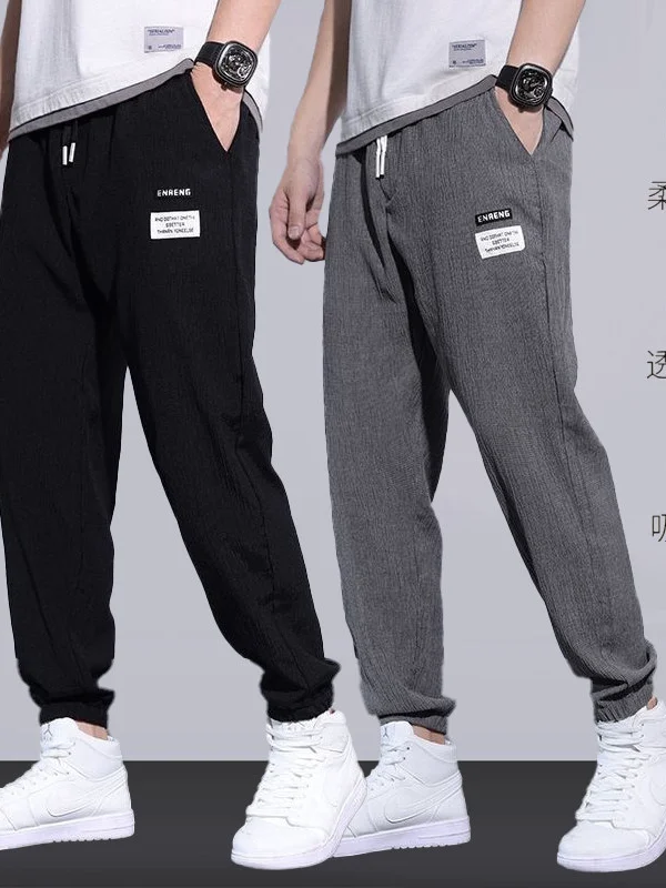 Quick Dry Summer Ice Silk Men's Casual Pants Ultra Thin Loose Fit Sports Style Nine Point Harem Pants Polyester Fiber Harlan