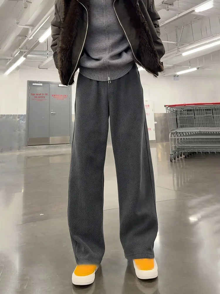 

Мужские спортивные брюки из твида с флисовой подкладкой, прямые, слегка расклешенные, с высокой талией, в американском стиле, для осени и зимы