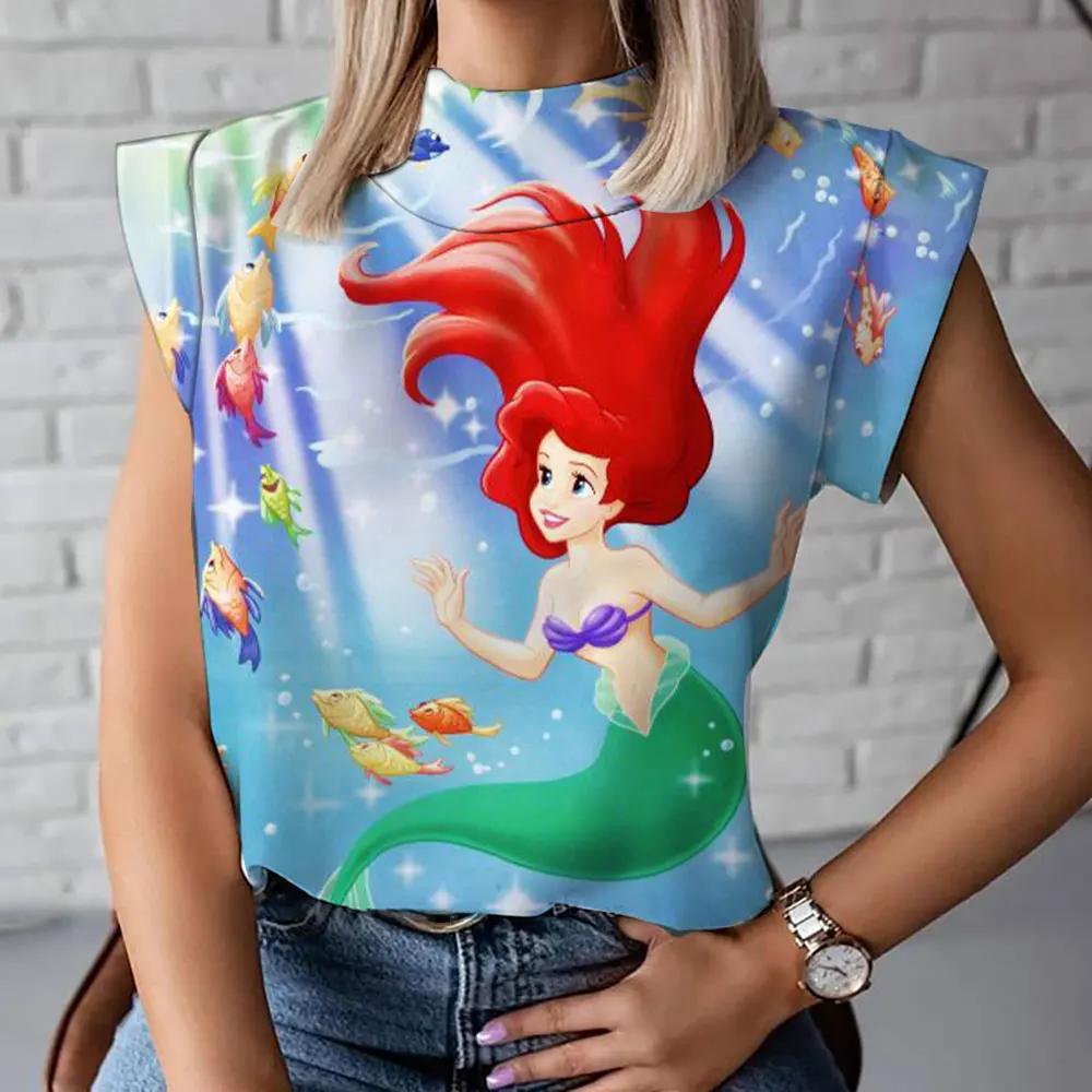 Summer trend all-match new cute Ariel mermaid anime Harajuku street 3D printing female high collar T-shirt fashion vest y2k