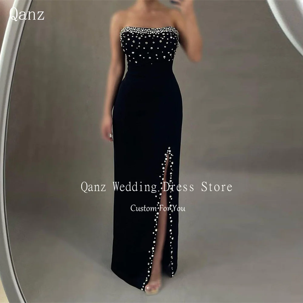 

Qanz Black Crystal Evening Luxury Dress 2024 Strapless High Slit Lace Up Back Prom Party Dress Mermaid Floor Length Abendkleid