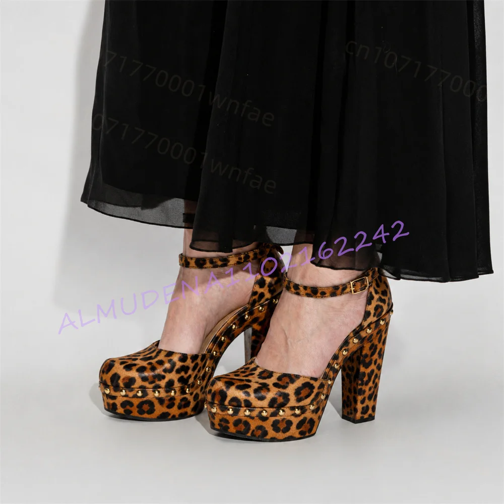 Women Leopard Platform Pumps Block Heel Mary Jane Shoes Ankle Strap Studded Detail Round Toe High Heel Fashion Vintage Footwear