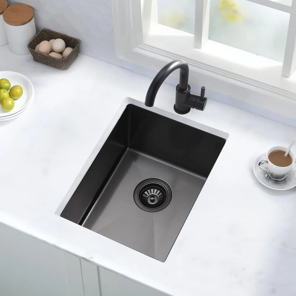 Fregadero de barra bajo montaje de acero inoxidable, 12x16 pulgadas, calibre 16, acabado negro, fregadero de preparación de barra de cocina con lavabo pequeño para