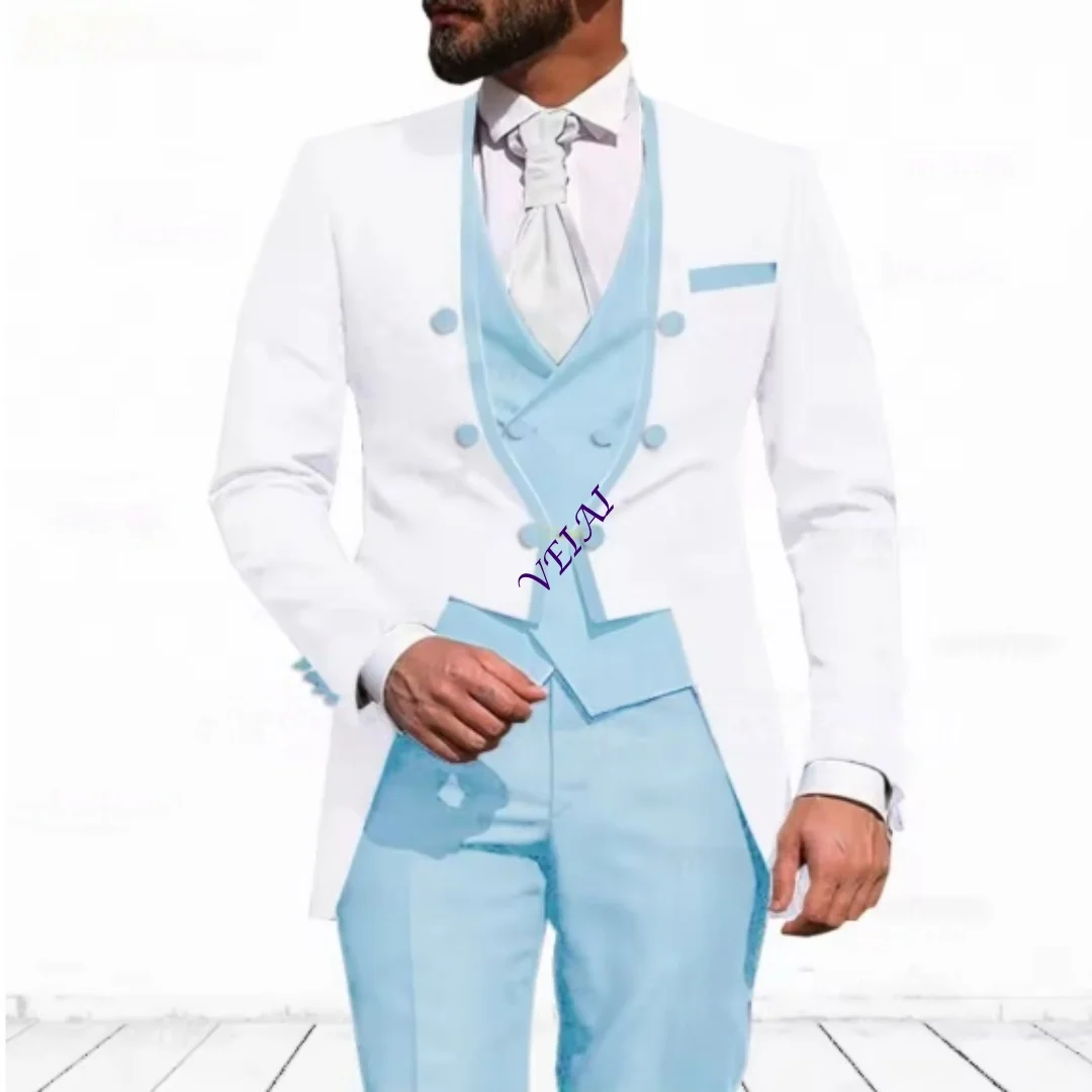 Customized Sky Blue 3-Piece Suit for Men Elegant Slim Fit Blazer Vest Pants Set for Formal Wear Birthday Party Even