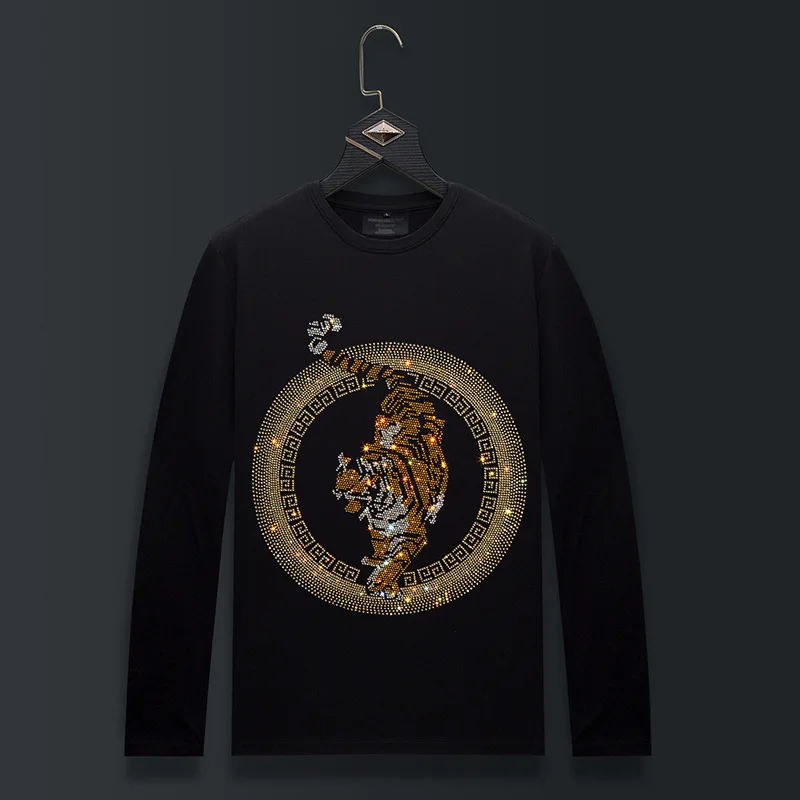 Plus Size Rhinestones Tiger Cartoon T Shirts Men Fashion Streetwear O Neck Long Sleeve Slim Modal Cotton Tshirts Mens Clothing