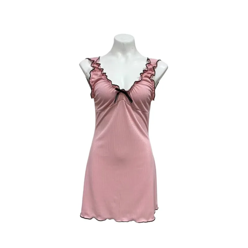 

Sexy Black Ribbed Nightdress for Women Elegant Sleeveless Sleepwear with Bow Ruffled Hem All-Season Lingerie Sleep Dress