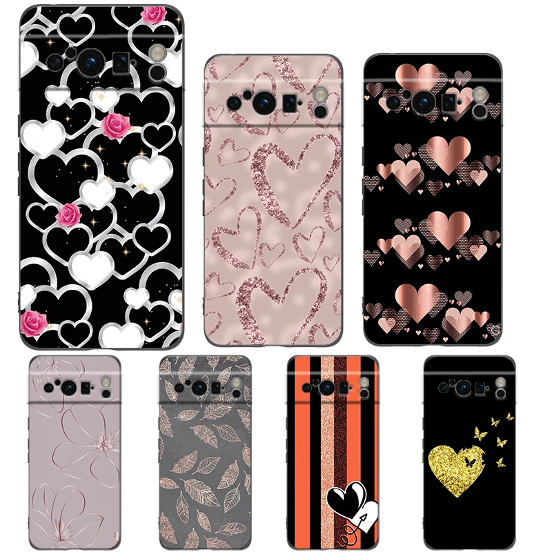 Gold Rose Love Heart Phone Case For Google Pixel 9 8 7 6 Pro XL 8A 7A 6A TPU Shell Soft Shockproof Black Cover