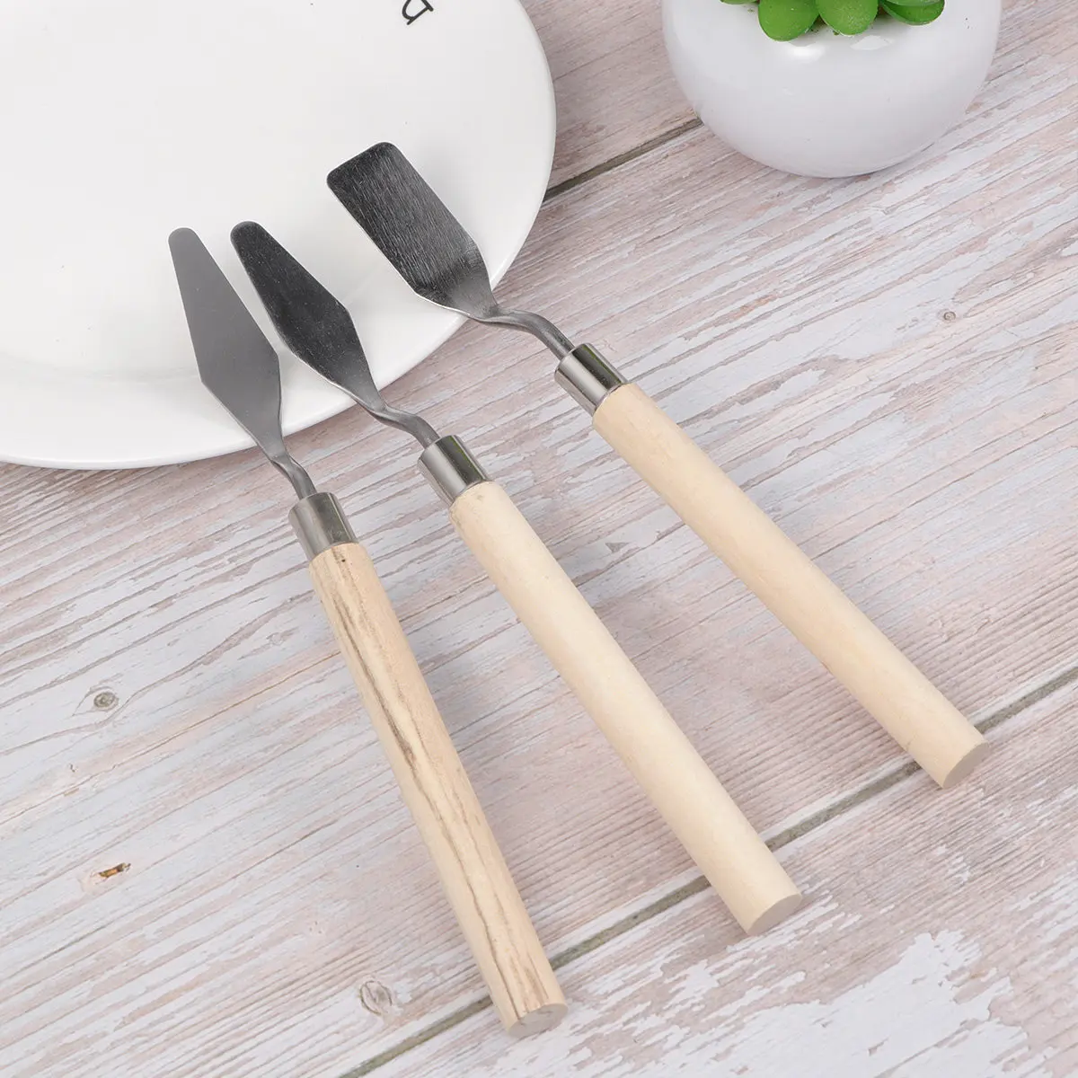 3Pcs Painting Tool Set Stainless Steel Spatulas Natural Wood Handle Mixing Scraper Palette Knife for Acrylic Oil Gouache Canvas