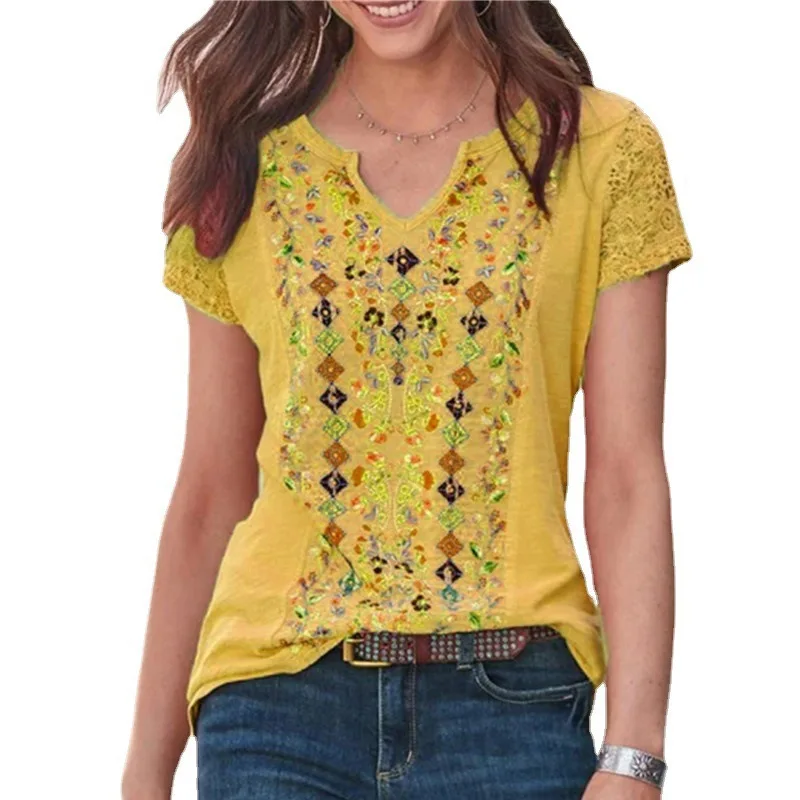 Camiseta holgada con estampado Floral para mujer Fre Sweet Sle ort Sve, longitud media, Dr, otro Material, Top Floral suave para mujer