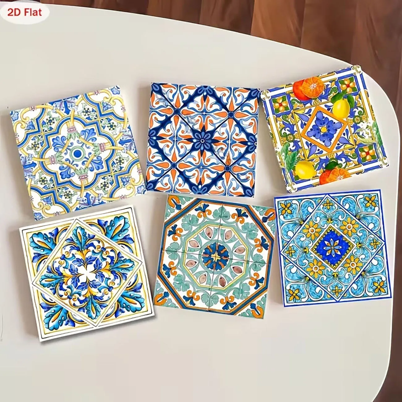 6Pcs Wooden Coasters Mediterranean Tile Pattern Square Drink Coasters Table Decor Gift