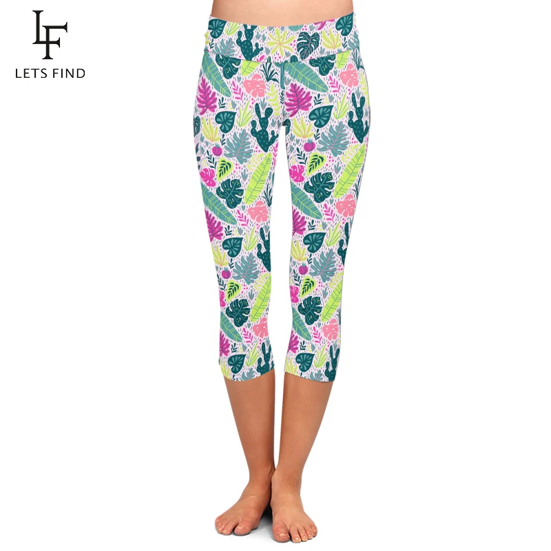 

LETSFIND High Waist Women Capri Legging High Quaility Milk Silk Print 3D Wild Tropical Rainforest Pattern Fitness Stretch Pants