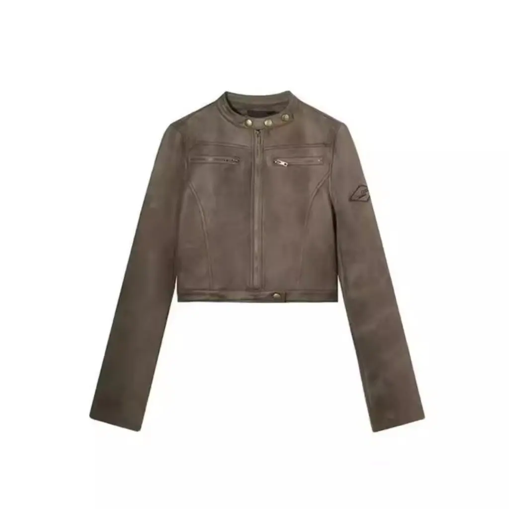 Jaqueta feminina curta de couro PU slim fit sexy retrô estilo motocicleta americana gola alta