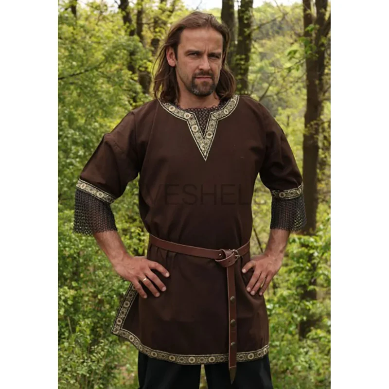 Halloween Medieval Knight Warrior Costume Play Short Sleeved Tunic Men Cosplay  Pirate Ren Faire LARP Tops Shirt For Adult AS665