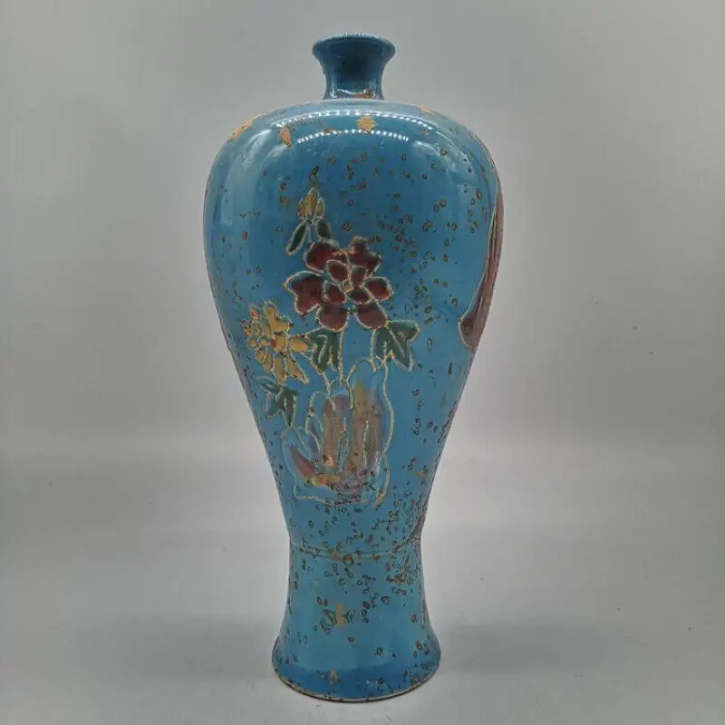 Chinese Ding Kiln Porcelain Blue Glaze Confucius Design Vase 11.4 inch Home Desktop Decor