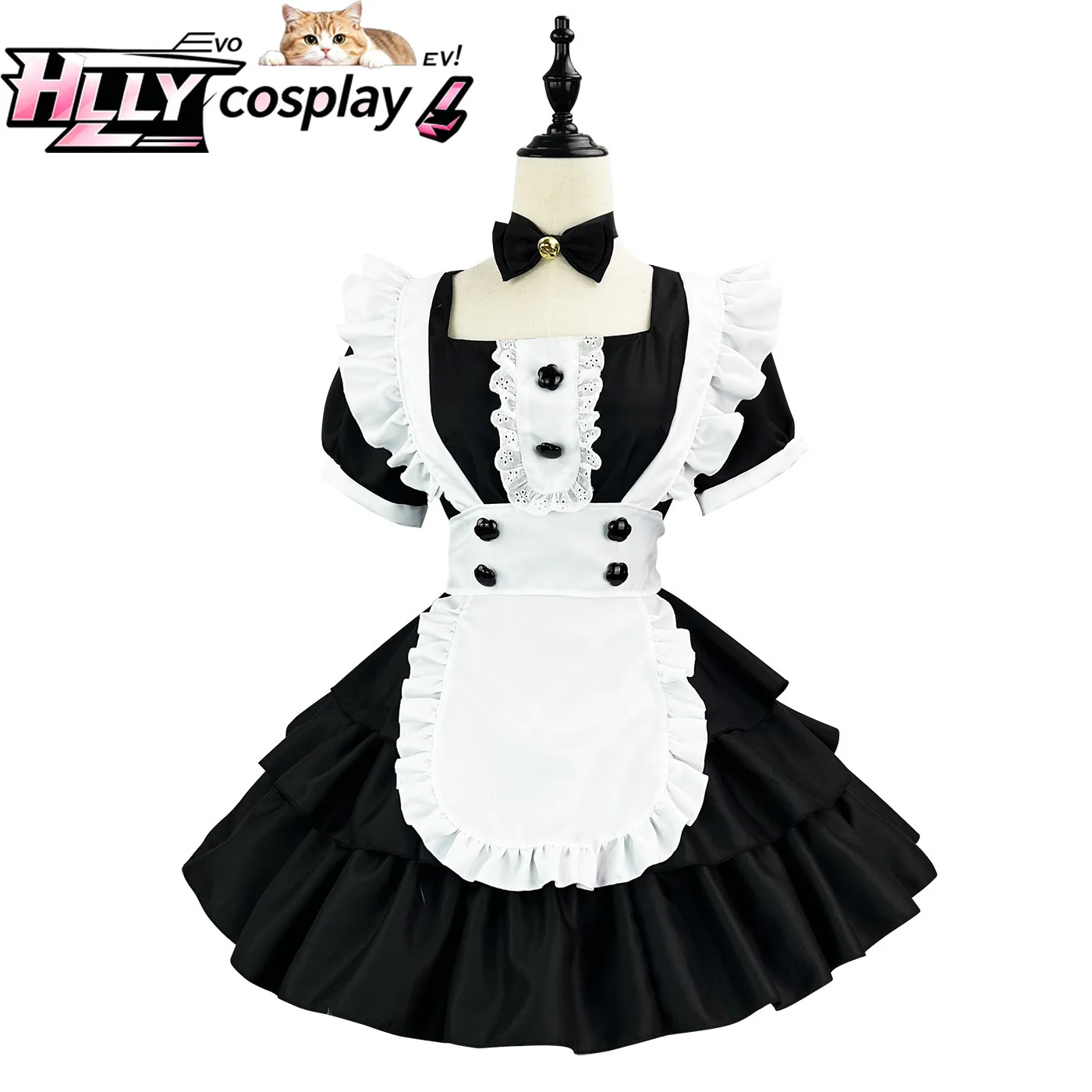 

New Anime Japanese Akihabara Maid Dress Black White Layered Cake Skirt Ruffled Hem Bowknot Buttons Cosplay Costume Cute Uniform