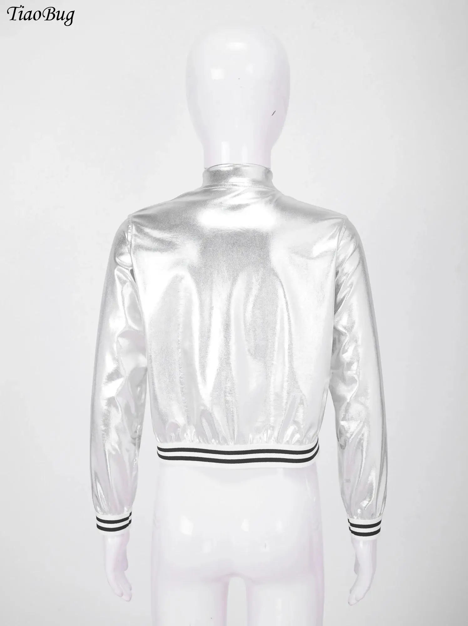 

Kids Girls Hip Hop Dance Outfit Metallic Long Sleeve Zipper Jacket Coat+Spaghetti Shoulder Straps Vest+Shorts 3Pcs Sports Suit