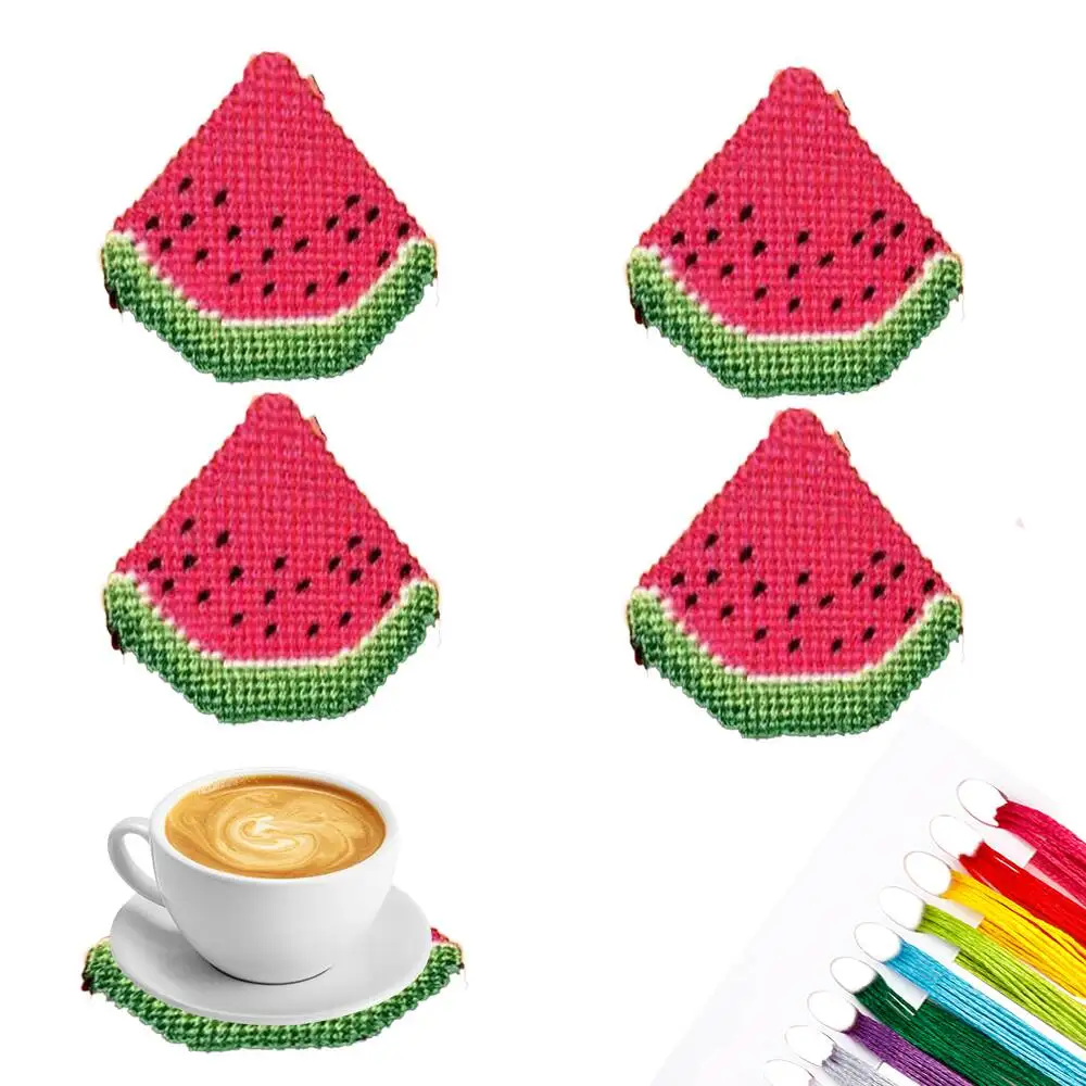 EverShine 4-teiliges DIY-Untersetzer-Kreuzstich-Set, Wassermelonenmuster, Stickerei, Tassenunterlage, Obst, Einstiegsniveau, Handarbeit, Kunsthandwerk, Geschenk