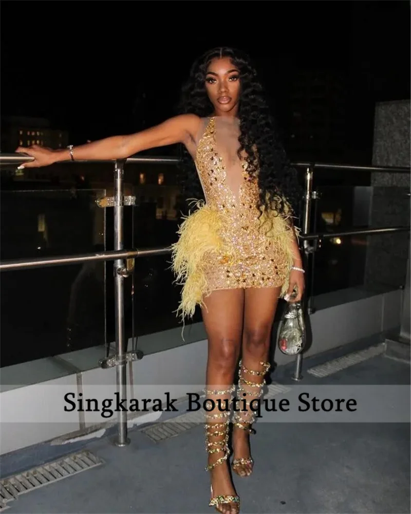 Sparkly Pink Mermaid Short Prom Dress Glitter Bead Crystals Rhinestones Feathers Cocktail Birthday Party Gown Customized image 6