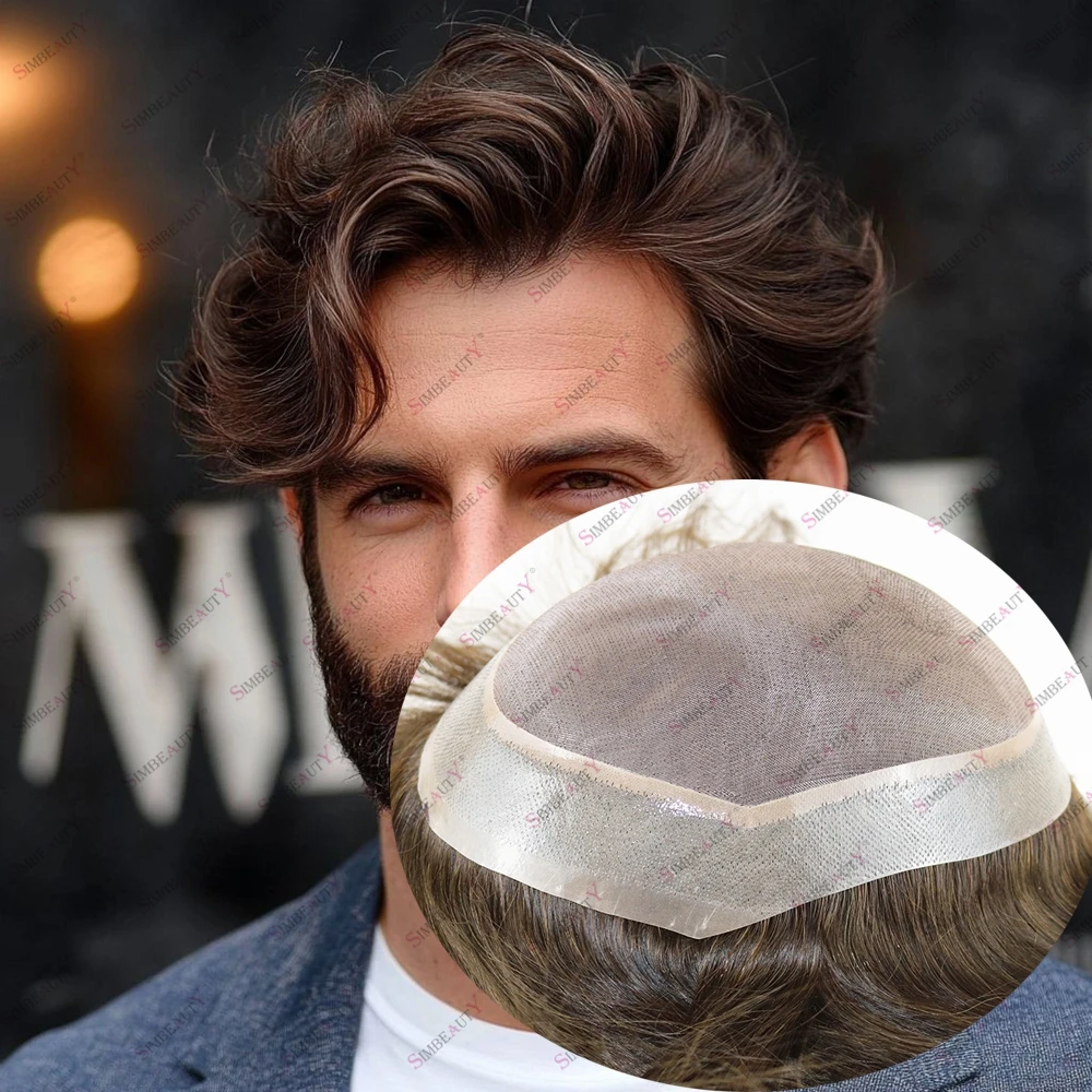 خط شعر طبيعي غير قابل للاكتشاف 30 مللي متر موجة/مستقيم 100% شعر بشري للرجال شعر مستعار متين أحادي وبولي يوريثان حدود Vloop رقيق للبشرة