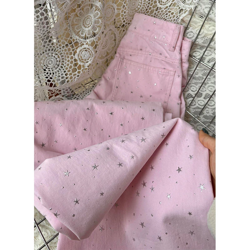 Women's Starry Sky Hot Stamping Pink Jeans Wide Leg Pants Personalized Trousers Cool Girl Casual Bottoms Female Sweatpants