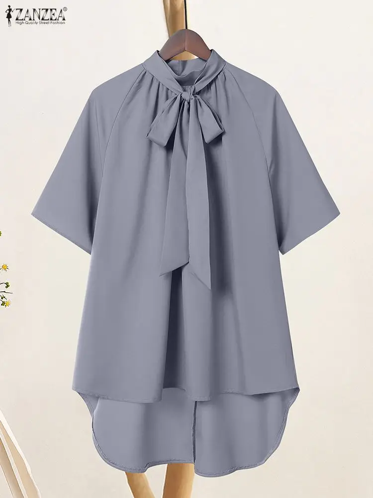 

ZANZEA женские длинные блузки с высоким и низким вырезом, элегантная однотонная дизайнерская блузка с галстуком-бабочкой и половиной рукава, корейская модная женская одежда