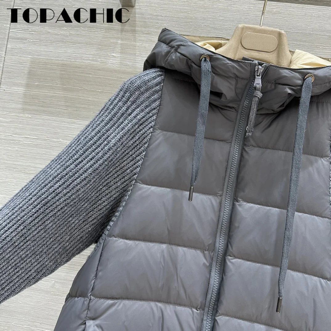 8.31 TOPACHIC-Women Bead Chain Zipper Wool Knit Long Sleeve Spliced Hooded Down Jacket Keep Warm Comfortable All-match Coat