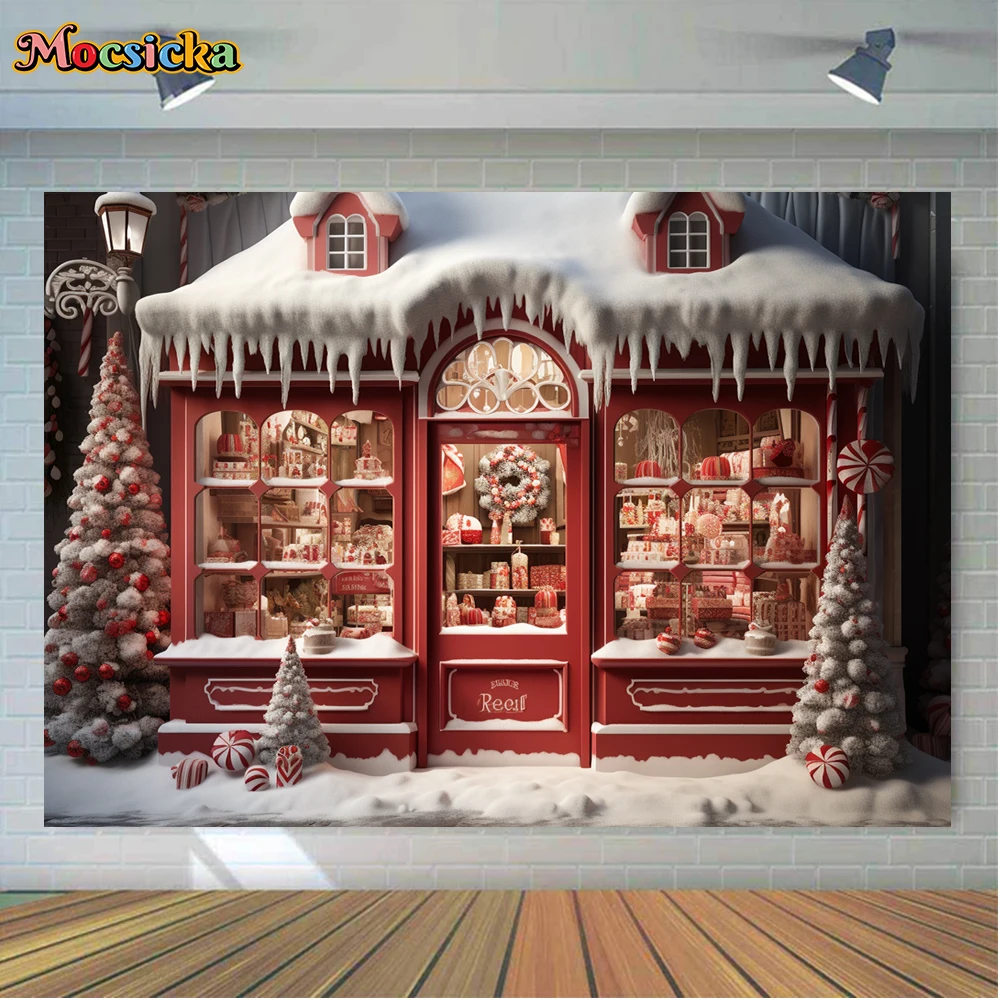 Mocsicka Winter Kerst Fotografie Achtergrond Xmas Boom Snoep Huis Vakantie Feest Familie Kids Foto Backdrops Studio